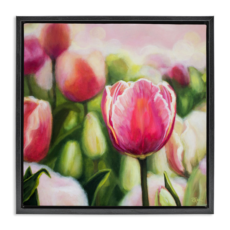 "Blooming Tulips Garden", art mural sur toile flottante par Raquel Roth, H 18 po x l 18 po, Cadre flottant noir de jais