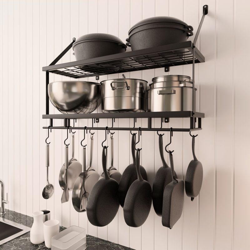 Wall Mounted Pot Rack Kitchen 30 Inch 2-Tier Wall Shelf with 12 Hooks, Black