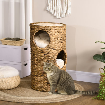 Lit pour chat surélevé avec trois endroits dissimulés et quatre coussins moelleux - Tour tissée à la main, plusieurs couches de chaton grottes économisent de l'espace et des lits cachés confortables Structure de la jacinthe d'eau surélevée