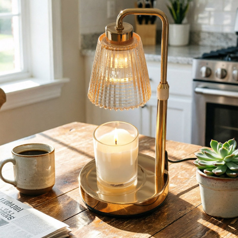 Retro Candle Holder With Ribbed Glass Shade, Dimmable Timer & Adjustable Height, Candle Warmer Lamp With 2 Bulbs For Home Deco
