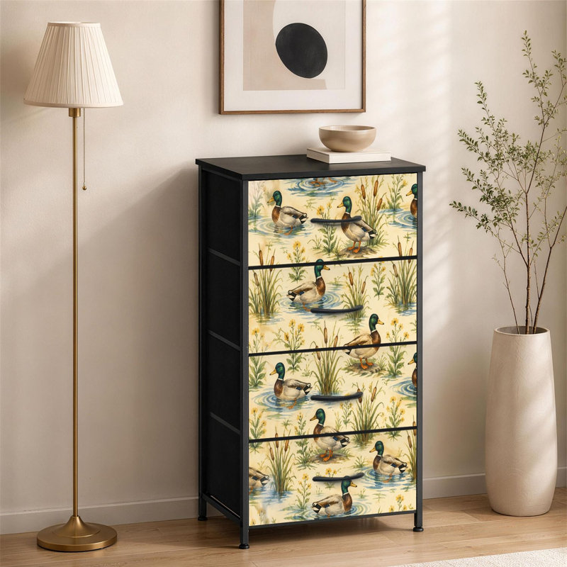 Commode 4 tiroirs pour chambre à coucher Canard colvert aquarelle nageant parmi des quenouilles