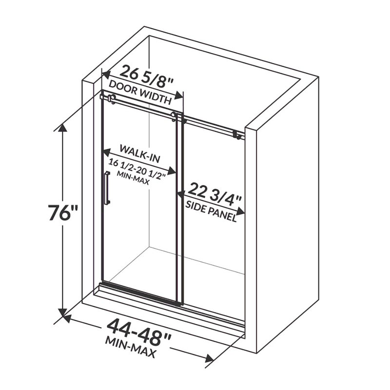 Porte de douche coulissante réversible semi-sans cadre l 44 "à 48" x H 76 "Bermuda, Noir mat