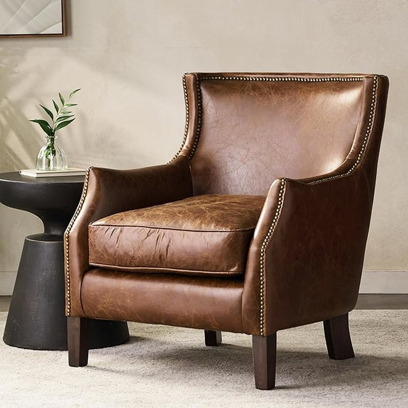 Fauteuil confortable en cuir brun, structure, chaise de salon à grain souple, brun, sièges confortables
