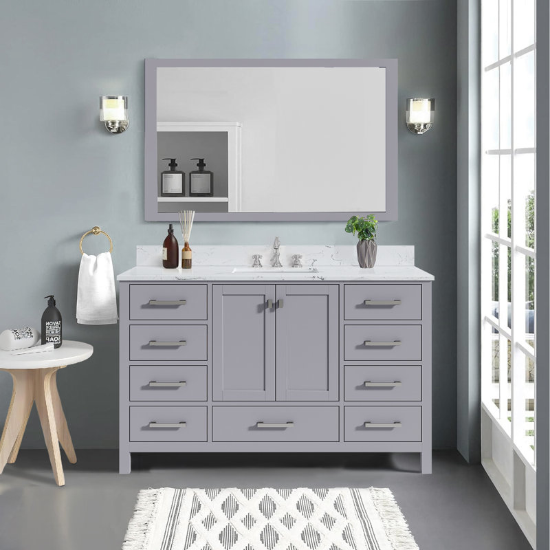 54 " W Freestanding Standard Free Standing Single Double Single Vanity Bathroom Vanity With Engineered Stone Top, Gray