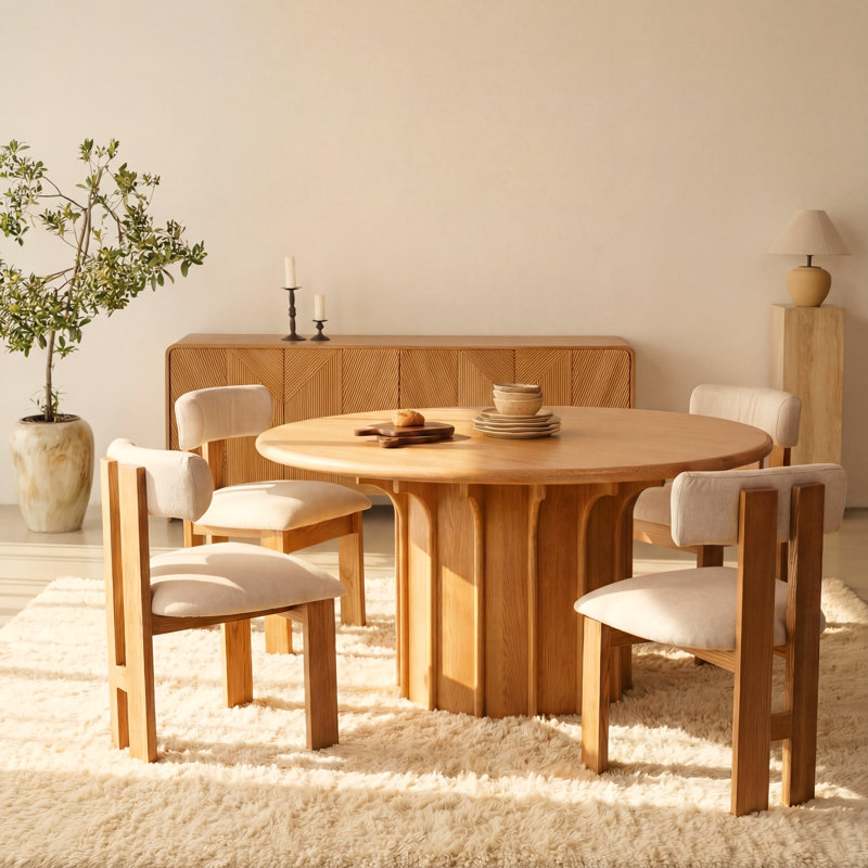CORIN 60" White Oak Round Dining Table – Sculptural Pedestal Table – Natural, Natural