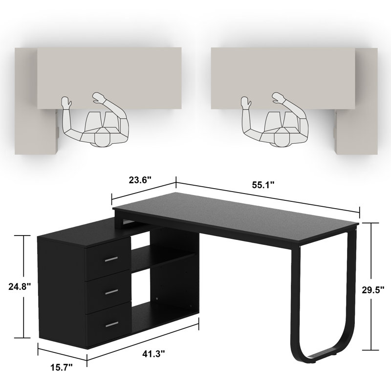 Ensemble de bureau de direction modulaire en 2 pièces avec tiroirs et étagères de rangement, poste de travail flexible en forme de L pour bureau à domicile