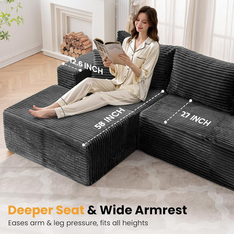 109" Corduroy Sleeper Sofa, Modular Compression Sectional Sofa Bed with Pillows, No Assembly Required, Gray