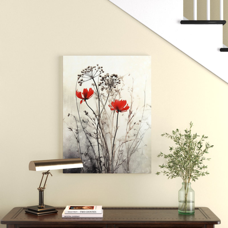 Décoration murale florale rouge et grise I, Sans cadre, H 32 po x l 24 po x P 1 po, Toile tendue