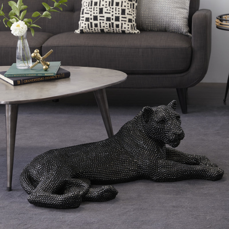 Polystone Floor Leopard Decorative Sculpture with Carved Faceted Diamond Exterior, Black