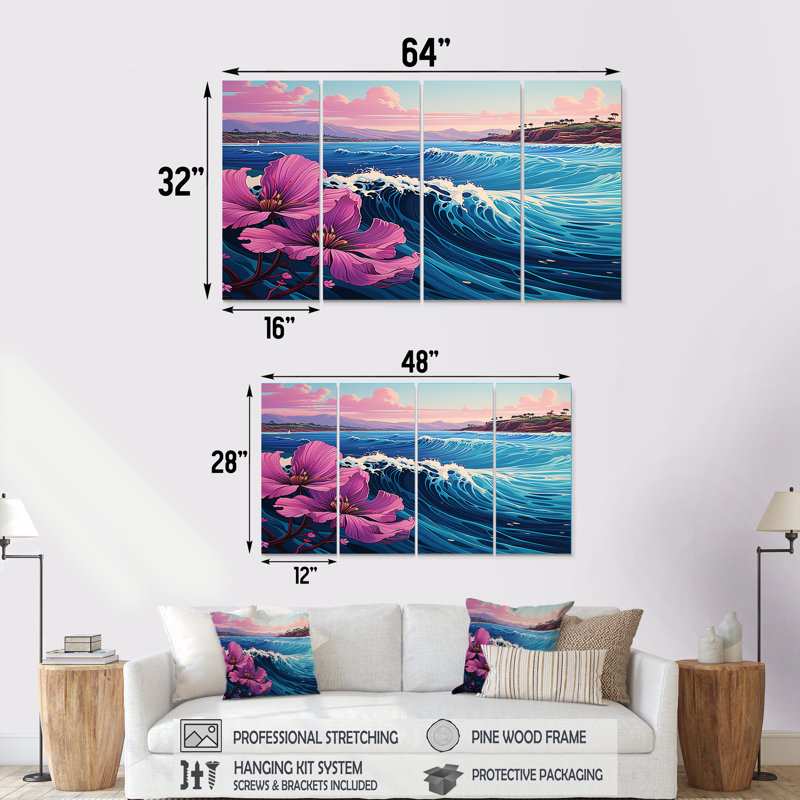 Bleu et mauve attrapant des vagues au Japon - Japon, art mural 4 pièces, H 28 po x l 48 po
