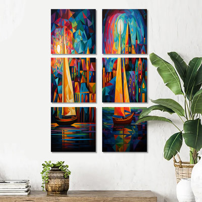 Colorful Sailing Boat At Port - Boat Sailing Canvas Wall Art Set Of 6