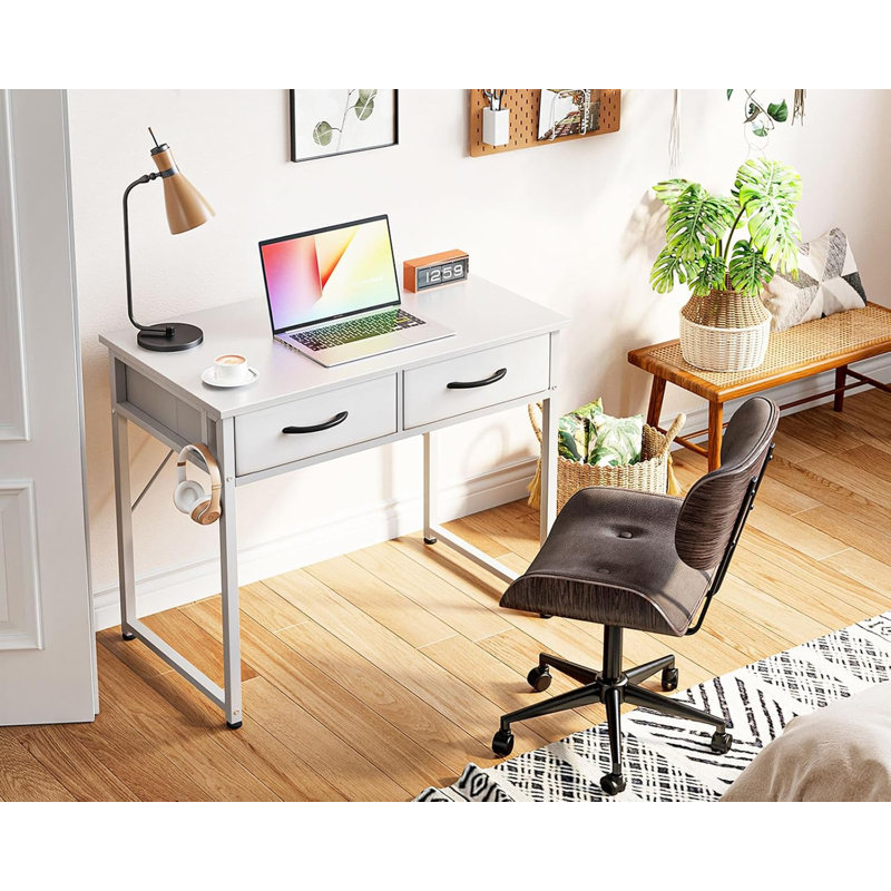 Small Desk With Fabric Drawers- For Bedroom, White Vanity Desk With Storage, Home Office Computer Desk For Small Spaces, 32 Inch Modern Work Writing Study Table, White