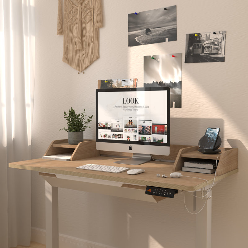 Standing Desk with Accessory Set, Desk Shelf and Desk Drawer, Oak, 120cm x 60cm