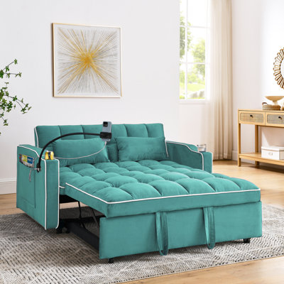 Canapé-lit pliable polyvalent de 55,51 pouces en 3 longueurs, canapé-lit moderne, canapé-lit en velours, dossier réglable, port USB, cendrier et support pour téléphone pivotant