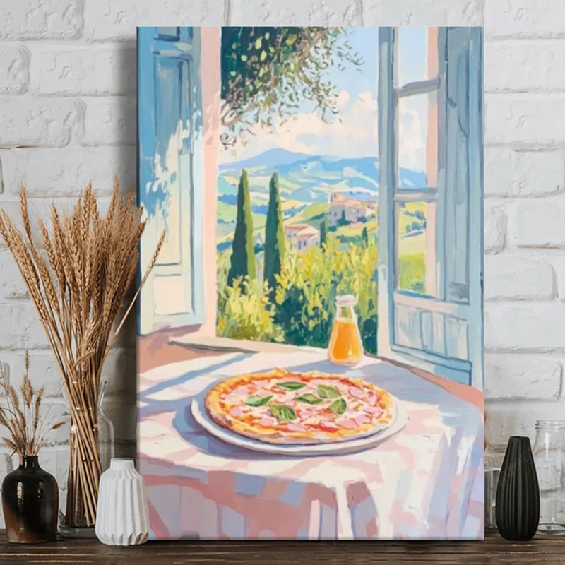 "Pizza sur une table avec vue sur les collines", impression sur toile de style impressionniste. Peinture moderne, galerie profonde de 1 po, 24 po x 36 po
