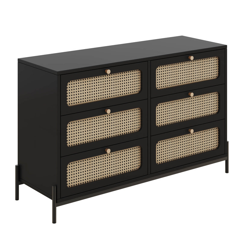 Commode 6 tiroirs en rotin, commode double en bois noir Boho, armoire de rangement pour commode