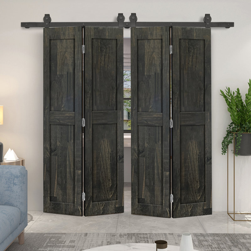 Ensemble de quincaillerie pour porte de grange coulissante en bois de pin 2 panneaux, Noir anthracite, 68 po x 84 po