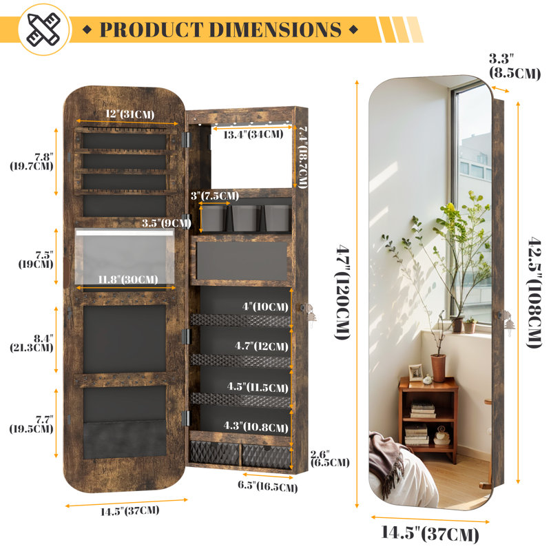 14.5'' Wide Over the Door Jewelry Armoire with Mirror, Brown