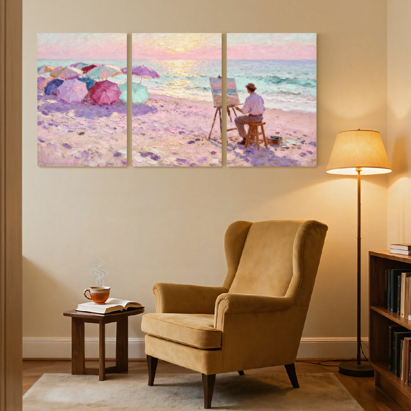 «Beach Beach Painter Under Colorful Umbrellas Sunset Scene», ensemble de 3 impressions sur toile, H 30 po x l 60 po