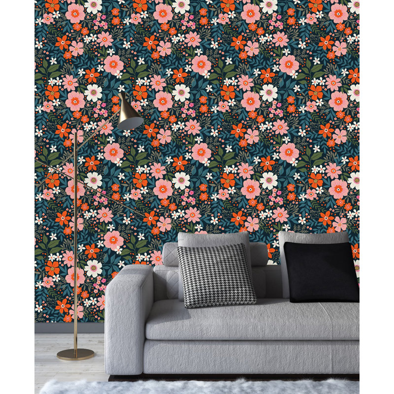 Panneau de papier peint auto-adhésif foncé avec fleurs, L 25 po x L 125 po