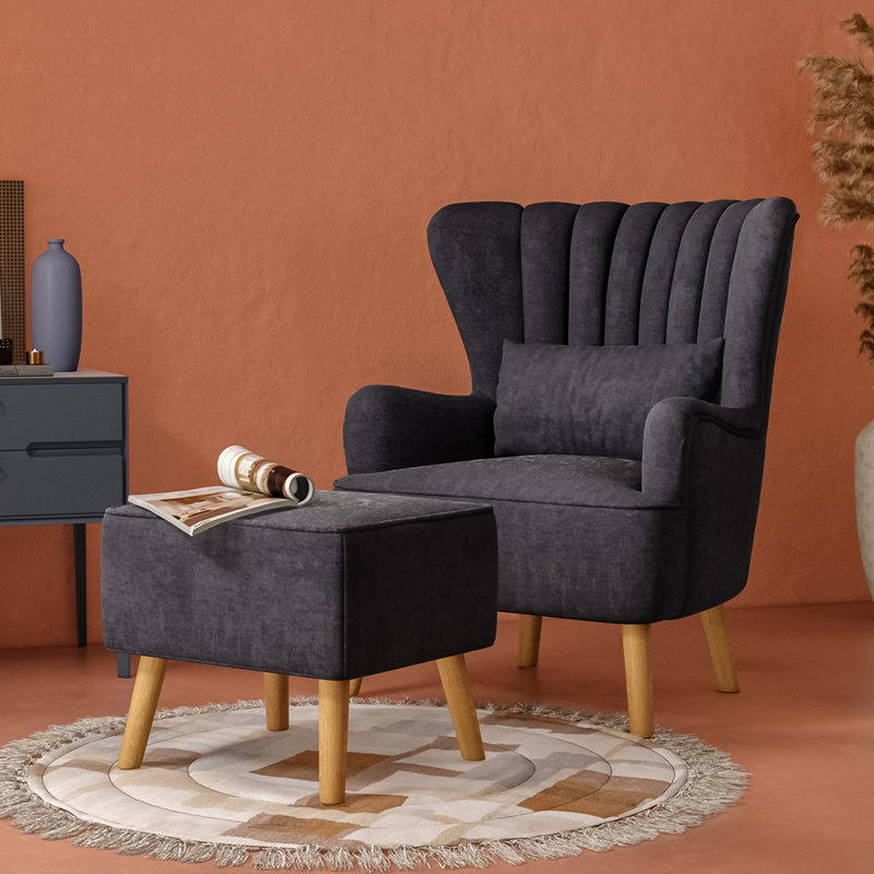 Kiro Upholstered Wingback Chair with Footstool, Dark Grey