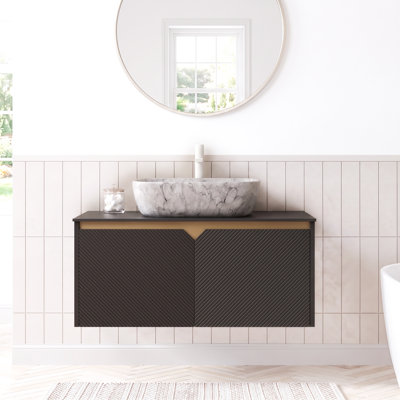 Meuble-lavabo mural simple noir 36 po x P 18 po x H 34 po avec comptoir en pierre frittée noire et lavabo vasque rectangulaire en marbre