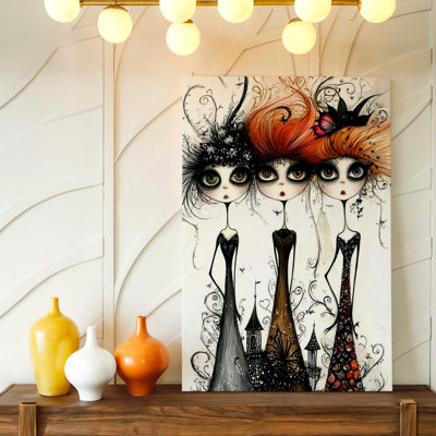«Gothic Big Eyed Girls», reproduction d'art abstraite sur toile, art abstrait noir et orange gothique pour décoration de salon, décoration murale galerie