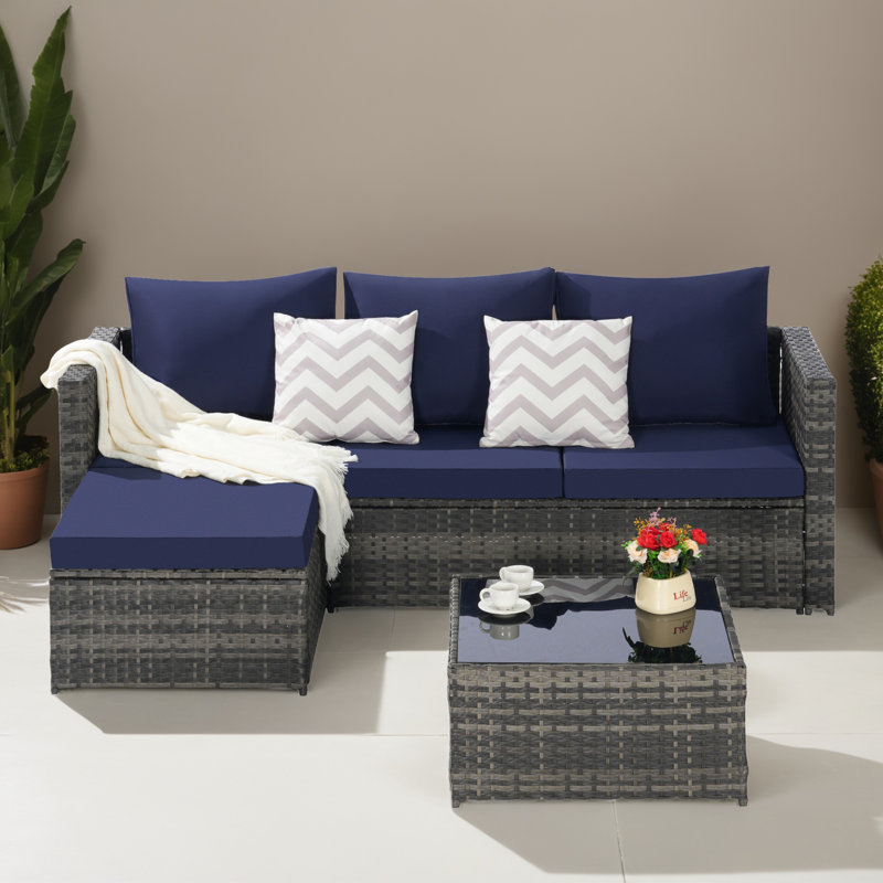 Ensemble de canapé modulaire en rotin pour l'extérieur 3 pièces pour jardin, cour et balcon, Bleu très foncé