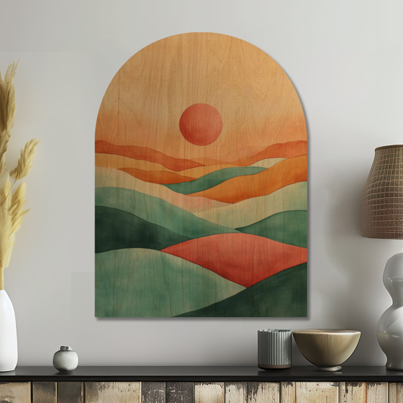 Coucher de soleil sur les collines III - Tableau mural en bois représentant un paysage, H 40 po x l 30 po, Arche