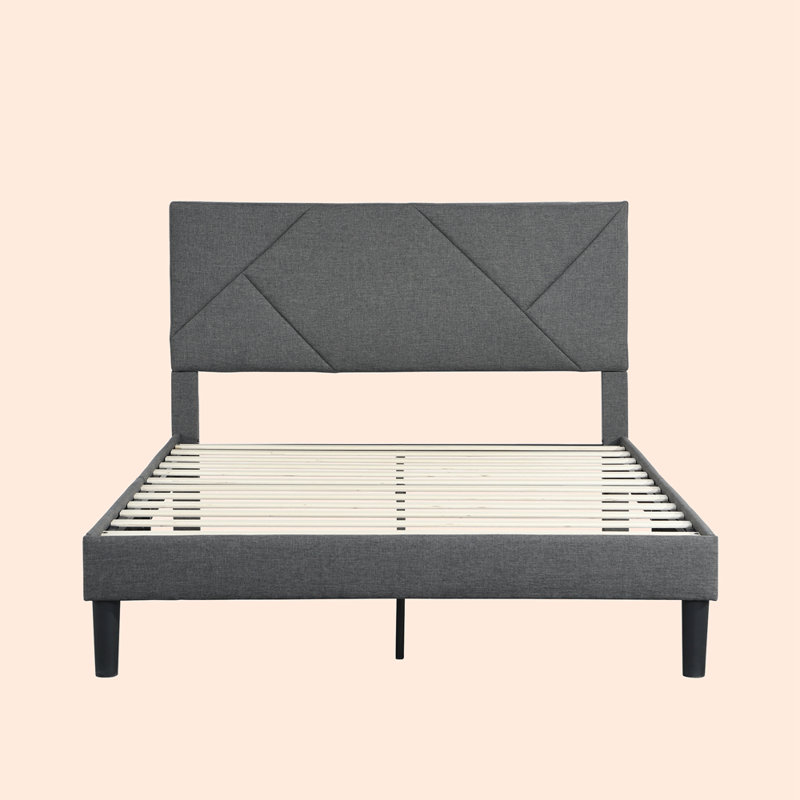 Classic Upholstered Platform Bed with Headboard & Wood Slat Mattress Foundation, Gray, Queen