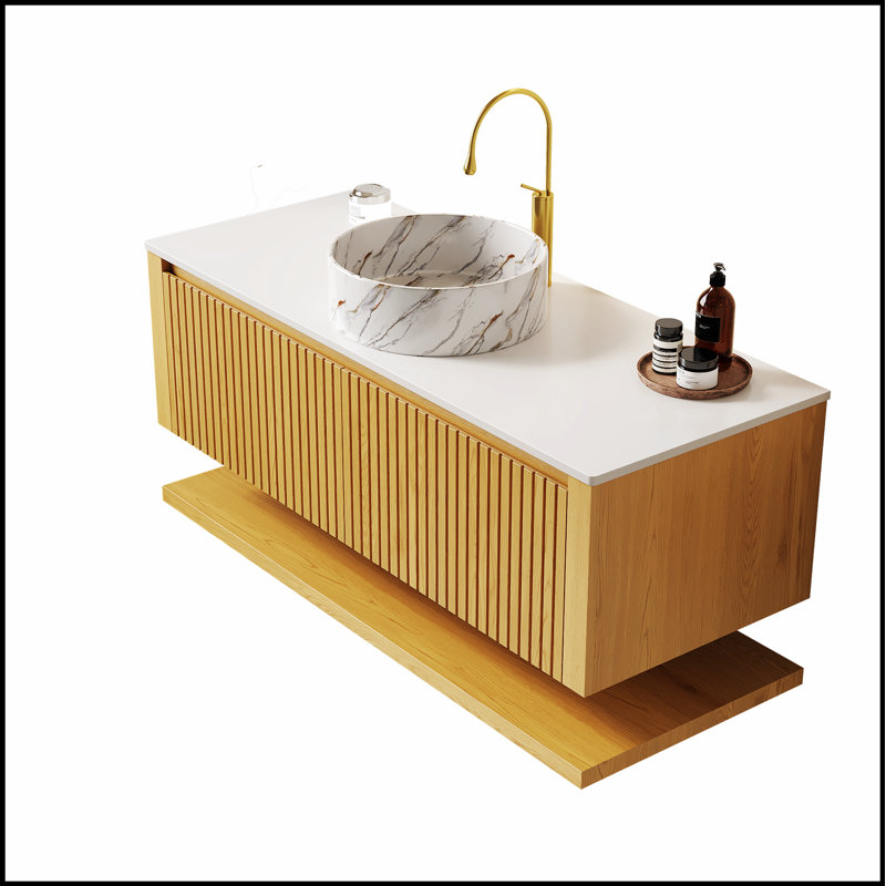 Meuble-lavabo mural 48 po avec lavabo, armoire de rangement en contreplaqué, 2 tiroirs, tablette ouverte, comptoir en pierre frittée, lavabo en céramique, chêne Corolla