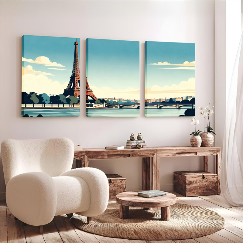 Ensemble de 3 toiles murales représentant la Tour Eiffel et un paysage urbain de Paris, H 18 po x l 36 po