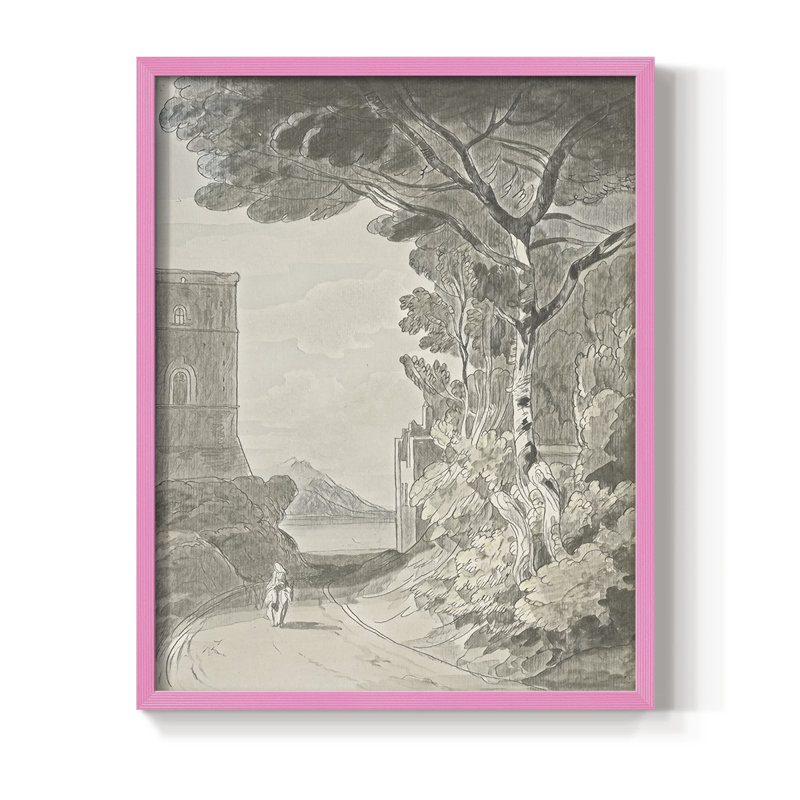 Vintage Sketch LXI Framed Print - Solid Wood, 11" H x 9" W, Pink