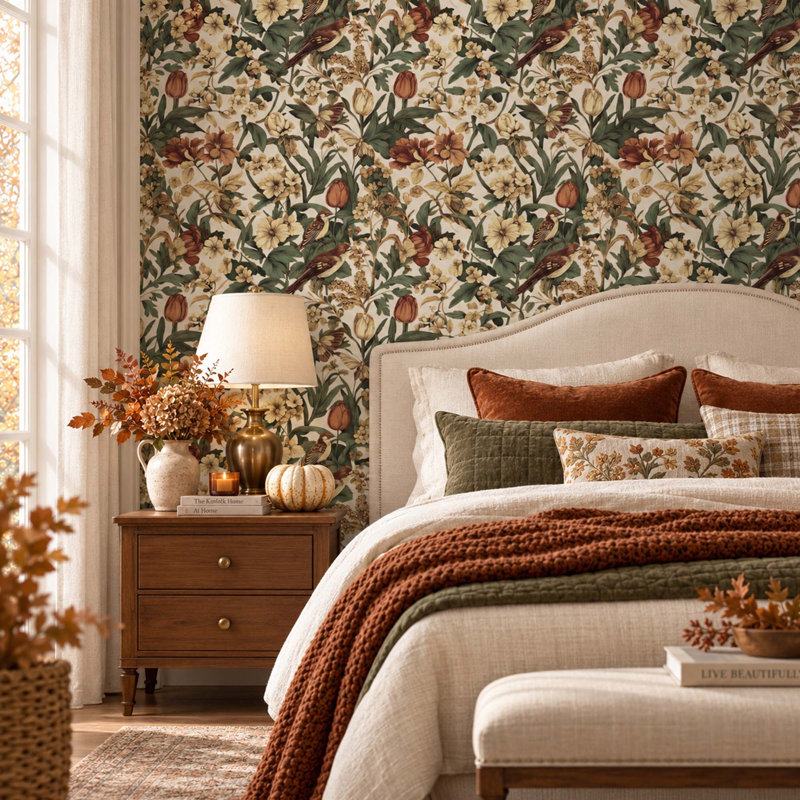 Floral Birds Peel and Stick Wallpaper, Vintage Botanical Pattern, Beige