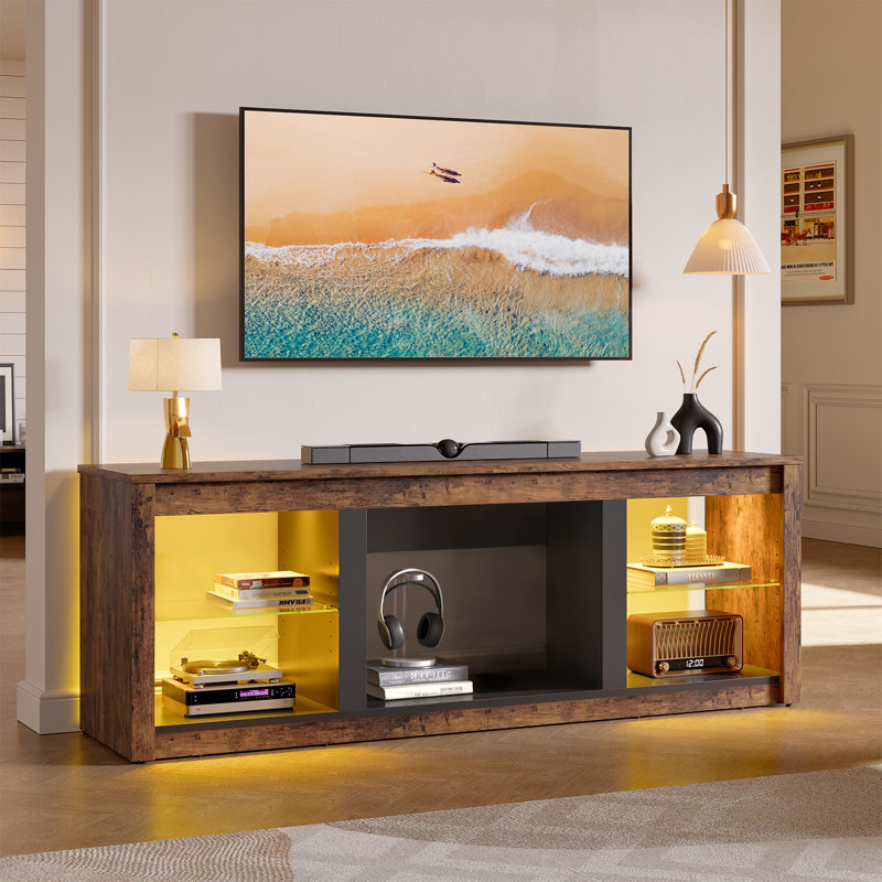 Kruszewski 70" TV Stand Fits TVs Up To 75" with LED Lights Glass Shelves and Open Storage, Rustic Brown