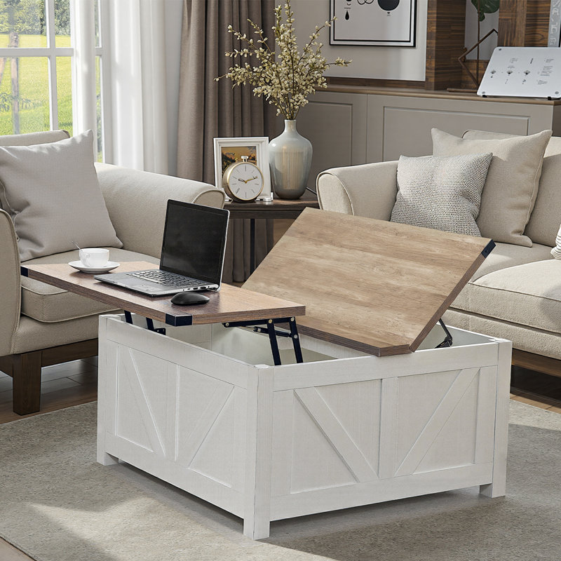 Farmhouse 34.6" Lift Top Coffee Table With Storage, Square Coffee Table With Large Hidden Storage Compartment And Hydraulic Gas Rod, Large Square Coffee Table For Living Room