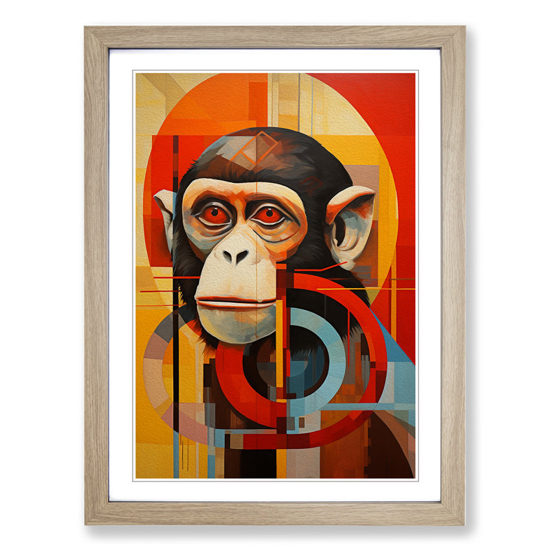 XYZ-FRM-V1223-4530 Monkey Constructivism - Single Picture Frame Print on Wood, 46cm H x 34cm W x 2cm D, Oak 
