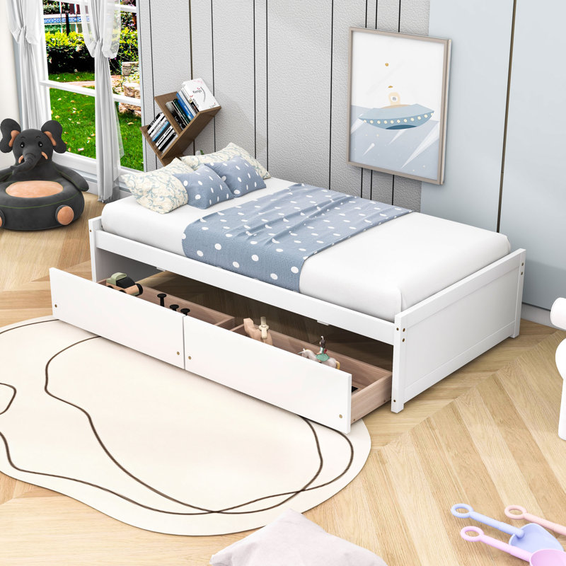 Lit plateforme simple en bois avec 2 tiroirs Yunet, Blanc