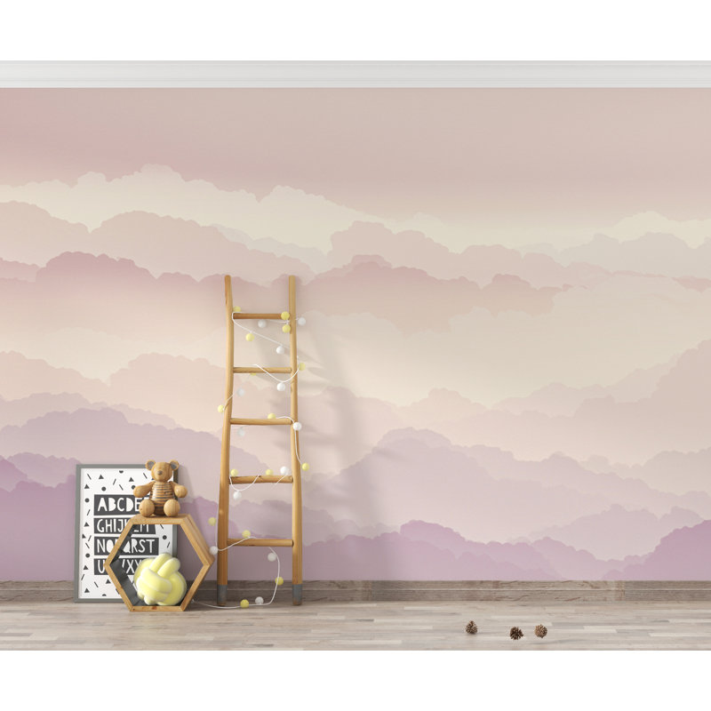 Papier peint aquarelle Ethereal Cloud - Design panoramique luxueux ciel pastel en rosé, champagne et lavande, Non tissé