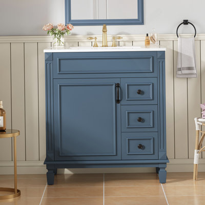 Meuble-lavabo de 30 po avec lavabo en céramique, petite armoire de salle de bain, armoire moderne avec 2 tiroirs et tablette réglable