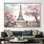 Art mural romantique de paysage parisien avec tour Eiffel et feuilles d'arbre rose