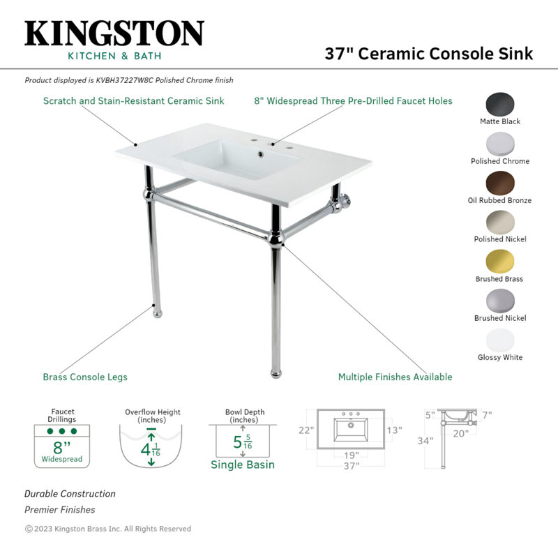 Kingston Brass Templeton 37-Inch Ceramic Console Sink with Brass Legs (8-Inch, 3-Hole), White/Brushed Brass