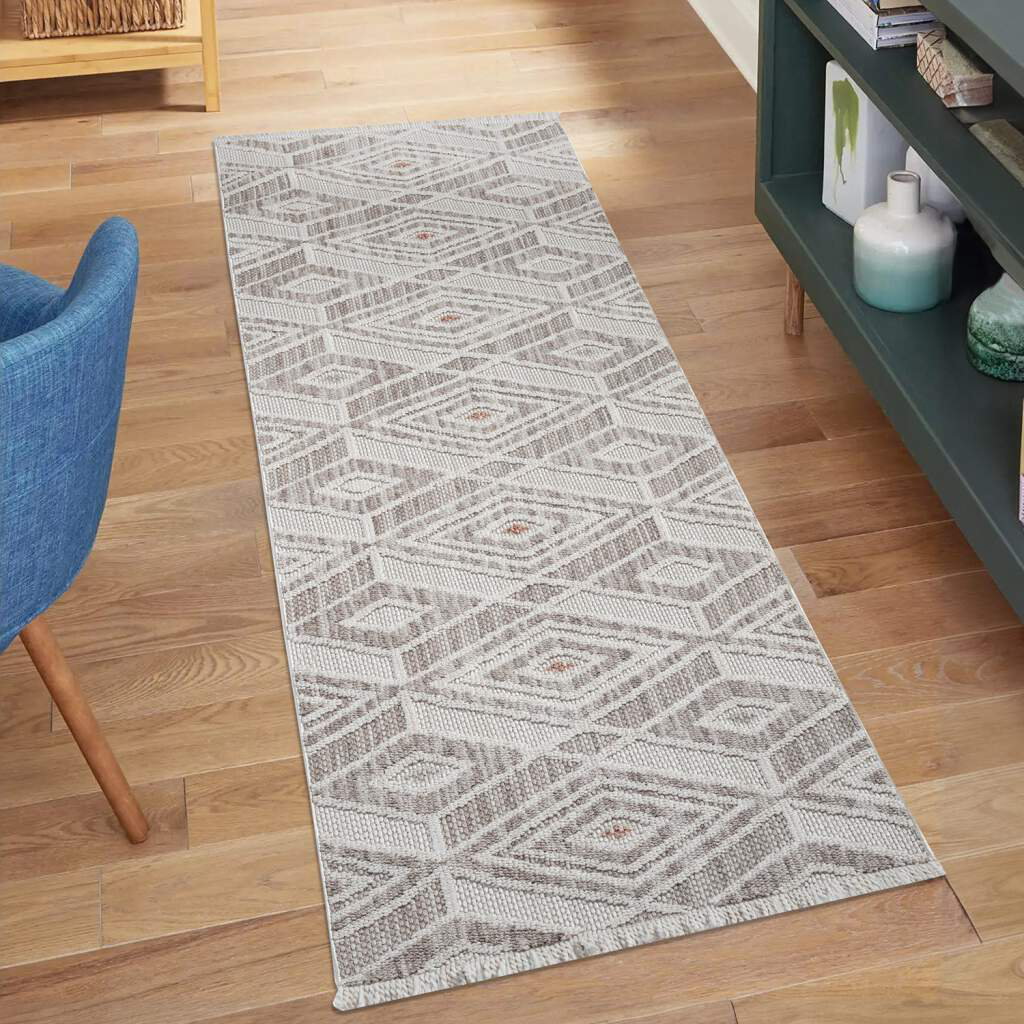 Teppich Lindo 8875 Kurzflor 3D-Optik Fransen Terra Rauten-Muster Boho-Stil Wohnzimmer Howard