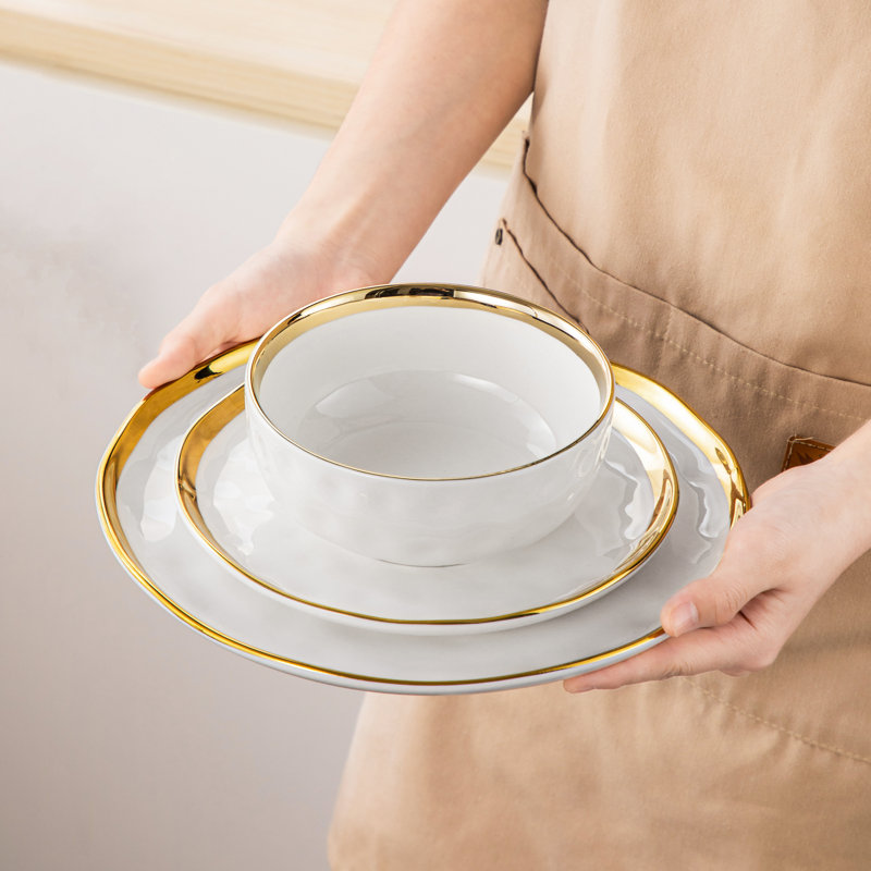 Aiyden 12 Piece Ceramic Dinnerware Set - Service for 4, White/Gold