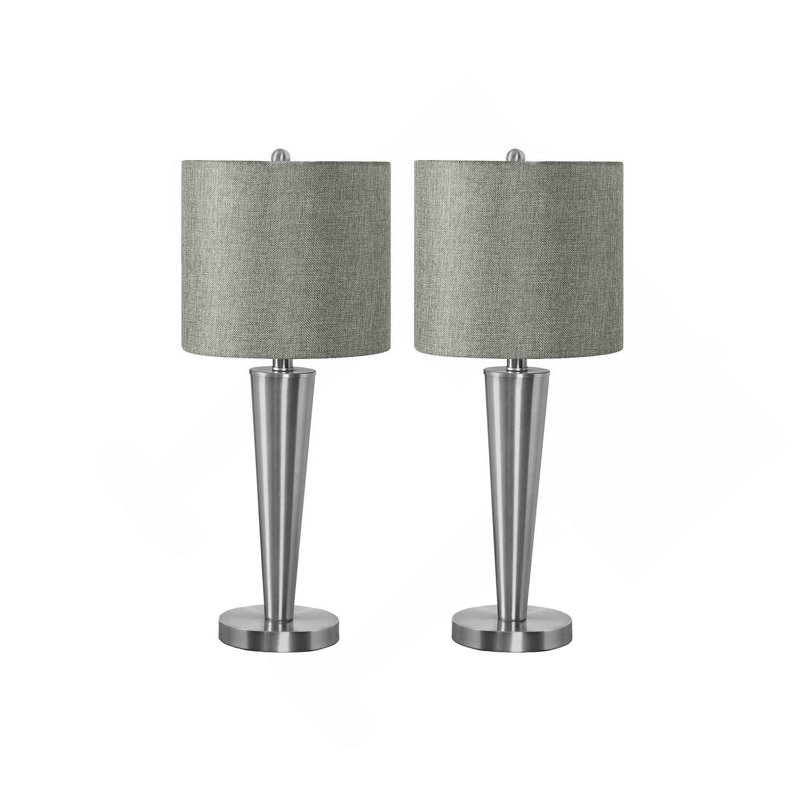 Éclairage, ensemble de 2, H 24 po, lampe de table, port USB inclus, nickel métallique, abat-jour gris, contemporain, Gris