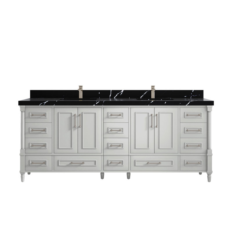Meuble-lavabo double 84 po avec comptoir en quartz Aberdeen, Calacatta Black