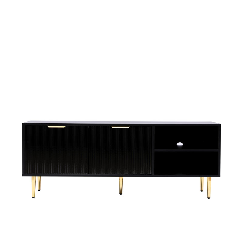 Modern TV Stand Cabinet with Ribbed Fluted Doors with legs for up to 60" TV's, Black