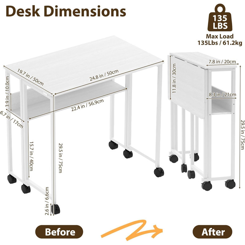 Folding Desk Small Rolling Desk with Storage Shelf and Wheels for Small Spaces, White, White