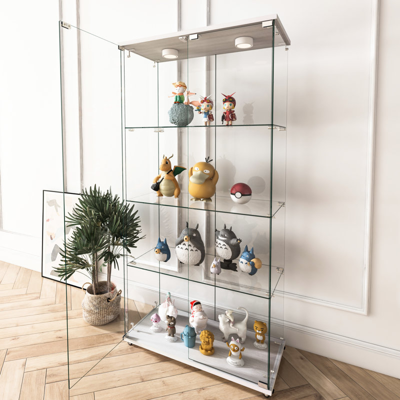 Tempered Glass Display Cabinet With Color - Adjustable Led Lights And Remote Controlled Brightness, 2 Door 4 Shelf Design, Ideal For Displaying Medals Action Figures, Transparent White, 62.8" H  X