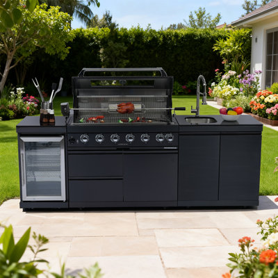 96" W 6-Burner Propane Gas Grill Island with Rotisserie and Outdoor Rated Refrigerator and Sink